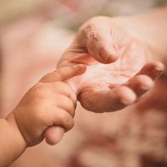 The little hand of the granddaughter is held by the finger of the grandmother