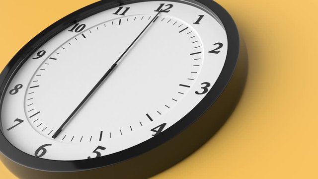 Close-up the clock is going very fast. A wall clock on a yellow background rotate rapidly. The concept of time, the slow movement of time. 3d Animation 4k Ultra HD 3840x2160