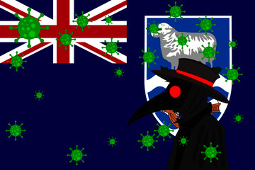 Black plague doctor surrounded by viruses with copy space with FALKLAND ISLANDS flag.