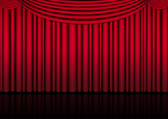 Realistic theater stage indoor with a red curtain for comedy show or opera act movie. Vector illustration.