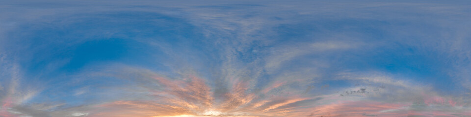 Obraz premium Sky 360 with clouds and sun. Image with 3D spherical panorama with 360 degree viewing angle. Ready for virtual reality in vr. Semi equirectangular projection. Background for games. Huge resolution.