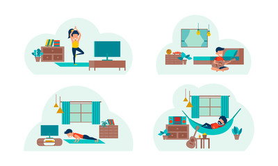set of cartoon version of working home and stay home with flat design