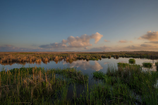 Sunset over the marsh at Mackay Island Wildlife Refuge in North Carolina