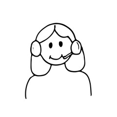 Obraz premium Woman in headphones with microphone, headset. Online psychological consultation, shopping manager, call center, around the clock help. Simple vector illustration in cartoon doodle style