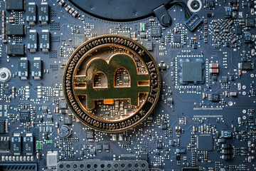 Bitcoin Cash. Gold Cryptocurrency. CryptoCash Computer electronic circuit board motherboard. Business, Finance and technology concept.