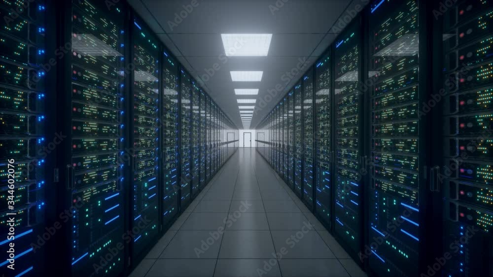 Poster network and data powerful servers behind glass panels in a server room of a data center or isp. rack