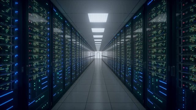 Network and data powerful servers behind glass panels in a server room of a data center or ISP. Racks of Blinking twinkling LED Lights. Futuristic or IT background. Forward Dolly Shot, 4K 3D Animation