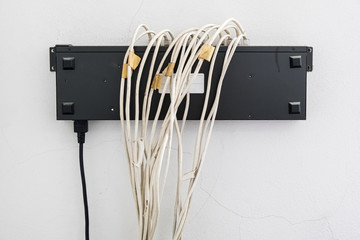 Old switching hub with the many lan cable.