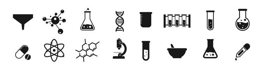 Science laboratory icons on white background. Chemistry icon vector Illustration - obrazy, fototapety, plakaty