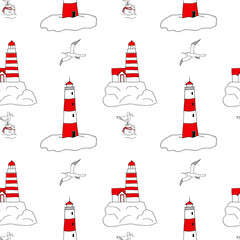 Vector seamless pattern with the image of white and red lighthouses, seagulls, waves on a white background. Design for printing cards, thematic invitations and posters, fabric, bedding