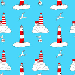 Vector seamless pattern with the image of white and red lighthouses, seagulls, waves on a bright blue background. Design for printing cards, thematic invitations and posters, fabric, bedding 