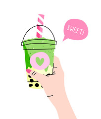 Bubble Tea Colorful vector illustration of a hand holding a bubble tea cup. Boba tea, a sweet Taiwanese drink popular in Asia. Flat cartoon style, elements are isolated.