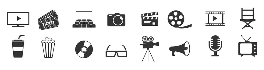Cinema icons set vector illustration. Contains such icon as film, movie, tv, video and more.  - obrazy, fototapety, plakaty