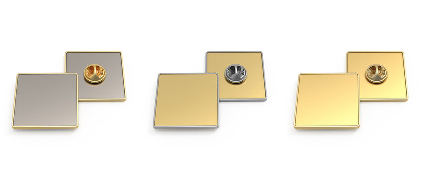 Empty Metal Square Brooch. Set Of Gold And Silver Color. Mockup, Template For Presentation Of Company Logo. Front And Back View. Lapel Badge On A Pin. 3d Illustration Isolated On A White Background.