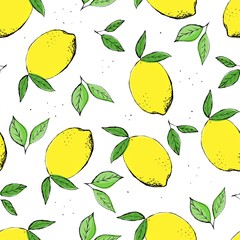 Hand drawn colorful seamless pattern of hand drawn lemons and green leaves on white background. Perfect for textile manufacturing wallpaper posters.