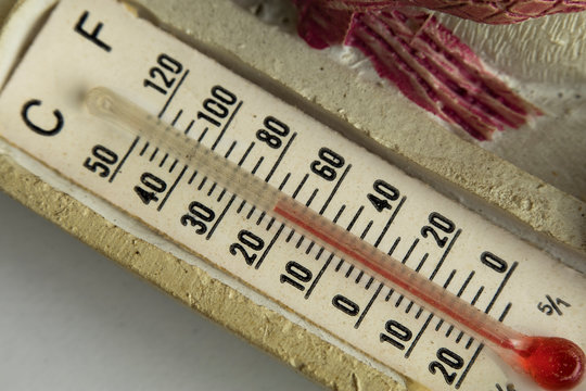 macro or close-up photo of the air thermometer with celcius and fahrenheit degrees units. hg-mercury inn the tube.