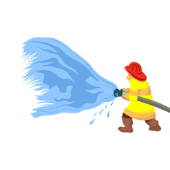 Fireman extinguishes the fire by spraying the water. He is clothed in a protective uniform.