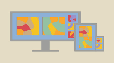 The The online museum is adapted for different gadgets. Art gallery in a computer, tablet and smartphone. Stay home concept.