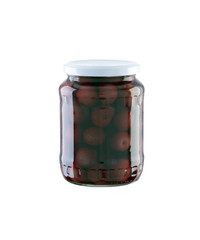 Cherry compote in a glass jar in 500 ml, isolated on a white background.