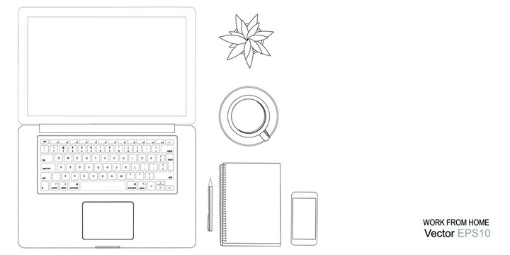 working from home concepts with line drawing of laptops, computers, coffee and smartphone.  line Vector flat style illustration.
