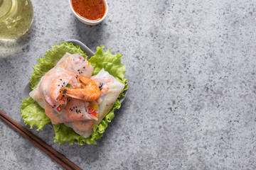 Spring rolls with prawn, noodles and vegetables in rice paper. Asian cuisine.