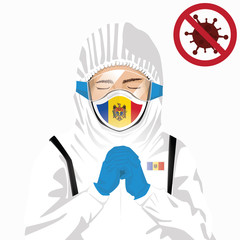 Covid-19 or Coronavirus concept. Moldovan medical staff wearing mask in protective clothing and praying for against Covid-19 virus outbreak in Moldova. Moldovan man and Moldova flag.
