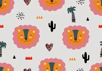 Poster Seamless animal jungle pattern with lion. © OliaGraphics