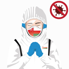 Covid-19 or Coronavirus concept. Omani medical staff wearing mask in protective clothing and praying for against Covid-19 virus outbreak in Oman. Omani man and Oman flag.