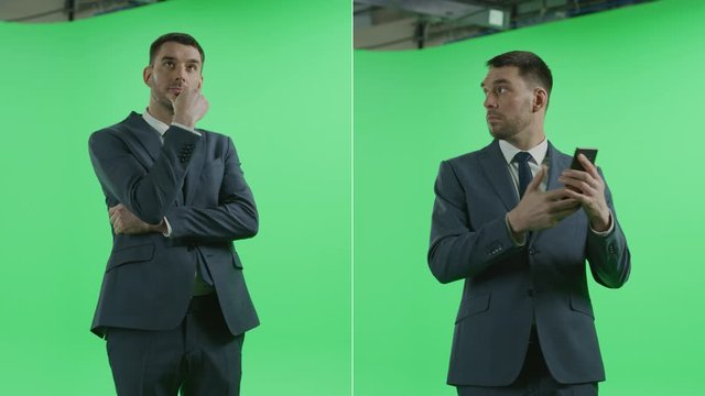 2-in-1 Green Screen Collage: Handsome Businessman wearing Suit, Standing, Thinking, Using Smartphone. Multiple Angle Best Value Package with 360 Degree Tracking Arc Shot
