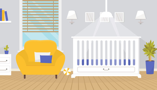 Cute baby room interior with furniture. Crib for newborn, soft armchair, bedside table, plants and wall lights. Children bedroom with window. Stylish nursery. Home design. Flat vector illustration.