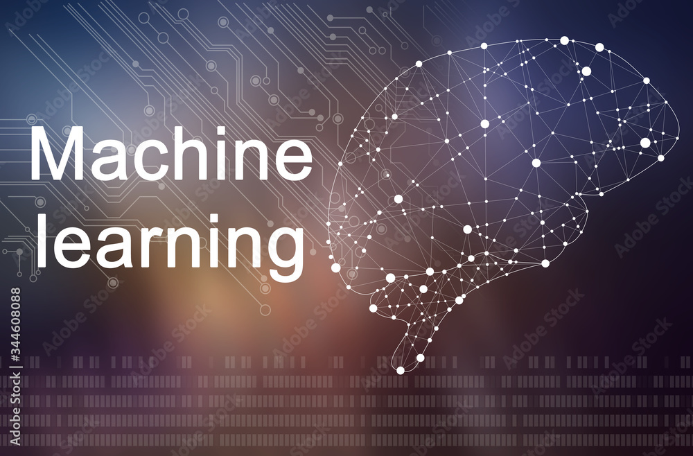 Poster machine learning concept. illustration of brain and circuit board pattern