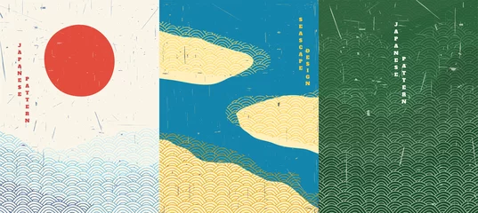 Foto op Plexiglas Vector illustratie. Abstracte landschapsachtergrond. Japans patroonontwerp. Geometrische sjabloon. Traditioneel van Japan. Aziatisch posterconcept. Vintage kunst. 70s, 80s retro afbeelding. Oceaan, eiland, bos © VVadi4ka