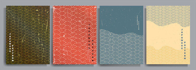 Vector illustration. Abstract background set. Japanese pattern design. Geometric template collection. Traditional of Japan. Asian poster concept. Vintage art. 70s, 80s retro graphic.