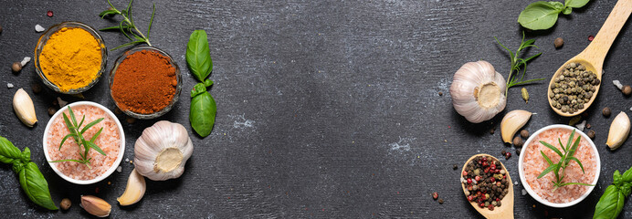 Long wide banner with different spices and herb on black stone background with copy space for your...