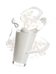 Delicious coconut yogurt in glass on white background