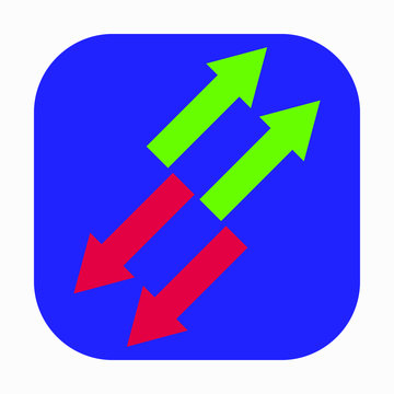 Icon square blue button arrows - green and red movement up and down. Easy action button. Vector icon.