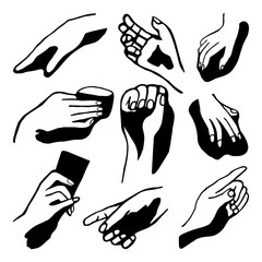 Hand drawn doodle illustration of palm, hand. Women concept design. Symbols of feminism and body positivity movement. Pointer sign, vector gesture