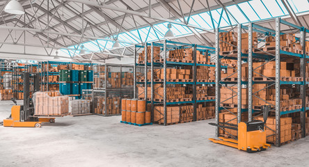 3d render image of a concrete storage warehouse with pallets and shelves