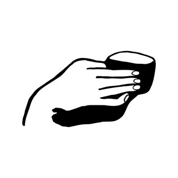 Hand drawn doodle illustration of palm, hand with cup of coffee. Women concept design. Symbols of feminism and body positivity movement. Pointer sign, vector gesture