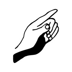 Hand drawn doodle illustration of palm, hand. Women concept design. Symbols of feminism and body positivity movement. Pointer sign, vector gesture