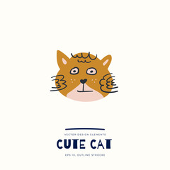 Cute and funny cat isolated on the white background. Comic animal character. Vector illustration for nursery poster design, kids print, avatar or greeting card. Perfect for apparel, cards, textile.