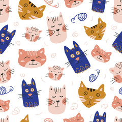 Fototapeta premium Vector hand-drawn seamless pattern design. Cute and funny cats isolated on the white background. Trendy animals in caps and glasses. Creative childish pink texture. Great for fabric, textile.