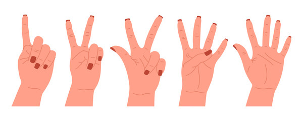 Set of hand gestures characters. Various hand icons with fingers. Counting, bending your fingers. Hand drawn colorful trendy vector illustration. Cartoon style flat design. All elements are isolated