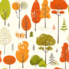 Seamless vector pattern of stylistic trees. Trees forest simple plant silhouette icon. Hand drawn isolated illustrations