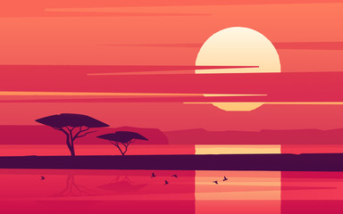 Fototapeta na wymiar Vivid sunset over the african lake. Vector illustration
