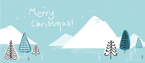 Christmas and New Year. Vector greeting card with Christmas tree.Beautiful vector illustration of winter landscape