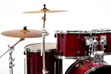 drum set on white background. Set of musical instruments