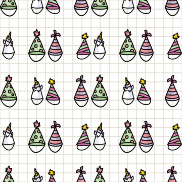 vCute cartoon two colorful party hat seamless vector pattern. Kawaii hand drawn birthday party event. Celebration hat with streamer illustration for happy birthday all over print. Checked background. 