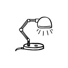 Black and white doodle drawing of a table lamp. Hand-drawn image for web, banners, cards, designers.