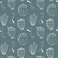 Cozy cute pattern of tea, coffee cups doodle art outline on a green background. Print for textiles, kitchen, menu, restaurants, stickers, banners, posters, web design, greeting card, sticky tape.